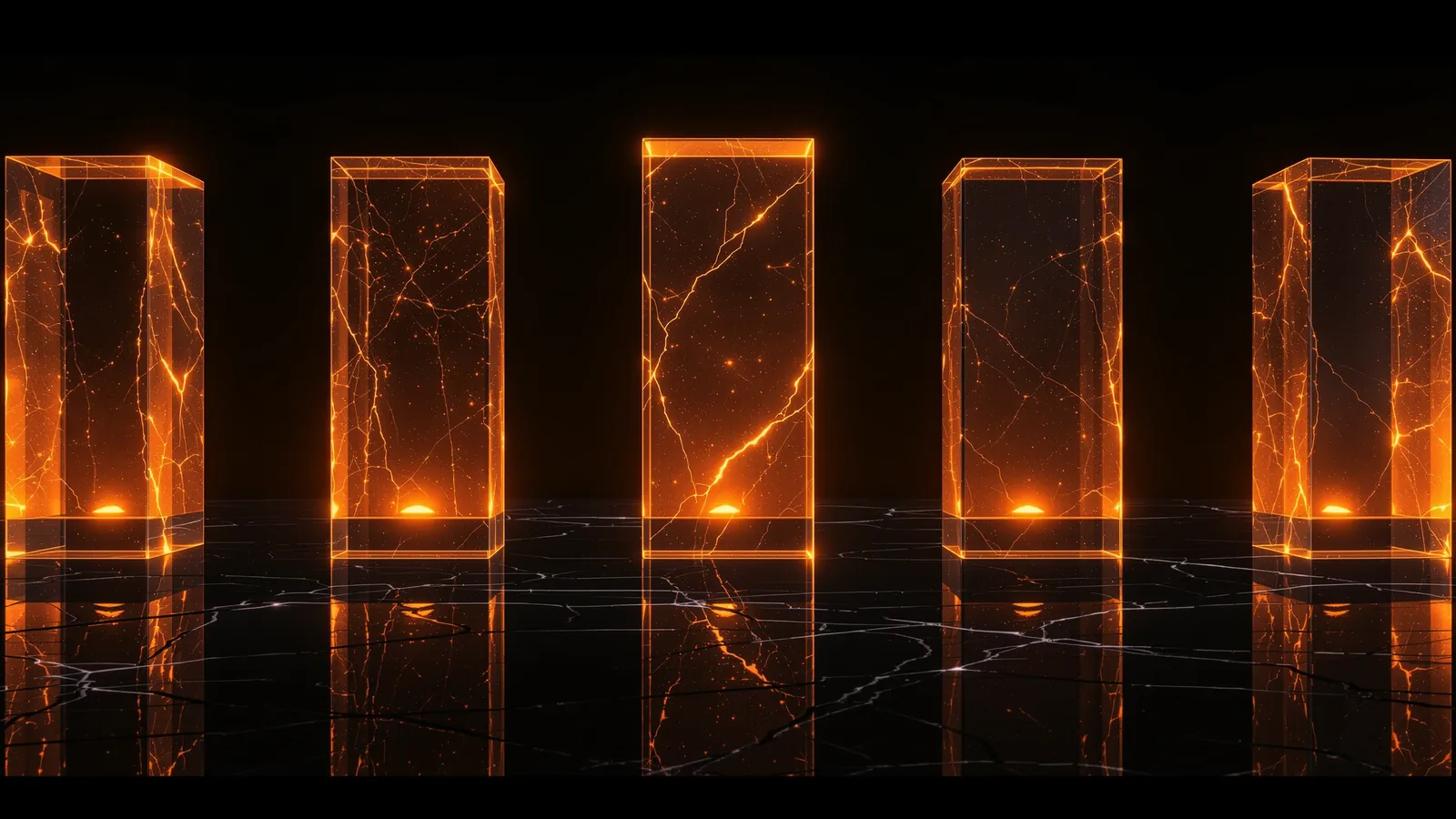 A row of tall glass columns lit from within by ember light, standing at unequal heights and unequal brightness on a dark reflective floor