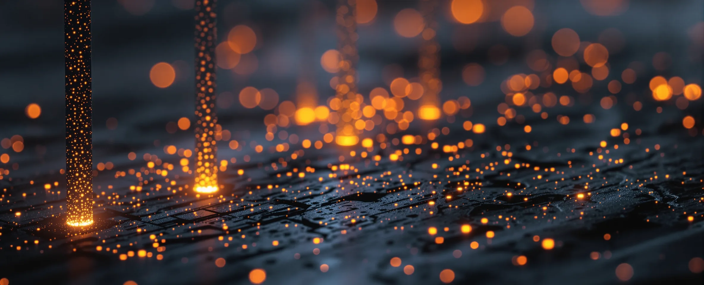 Ember-orange points of light scattered across a dark etched surface, gathering into tall narrow columns of unequal height that recede out of focus