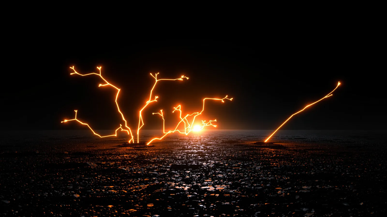 Two ember light trails rising from a single bright point on a dark wet floor, the left one splitting into many fine branches and the right one running on as a single unbranched line