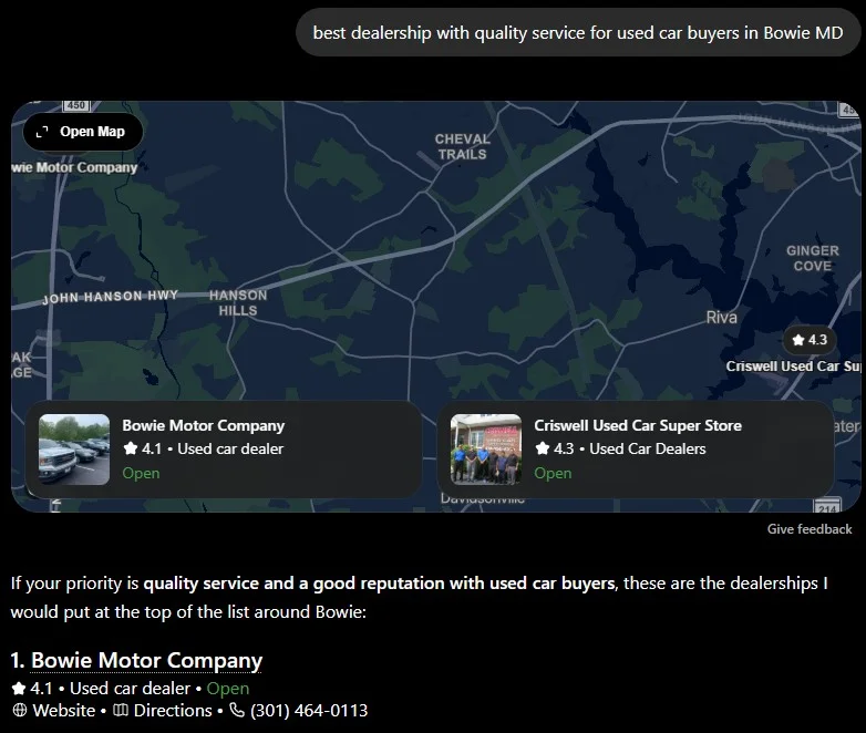 AI search result surfacing a dealership for quality of service, illustrating how reputation and local signals feed an AI answer