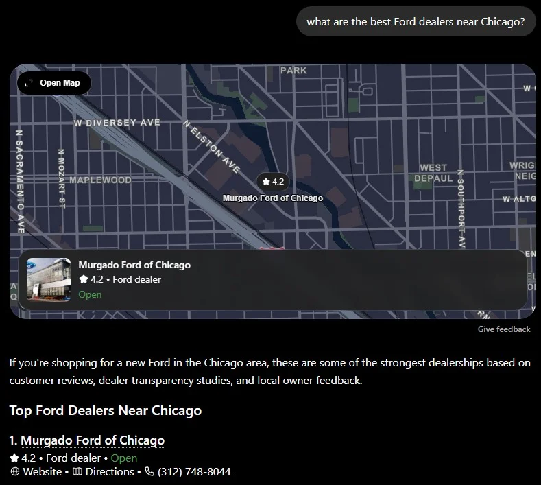 ChatGPT answer to "what are the best Ford dealers near Chicago?" showing a map pinpointing Murgado Ford of Chicago and a numbered dealer list