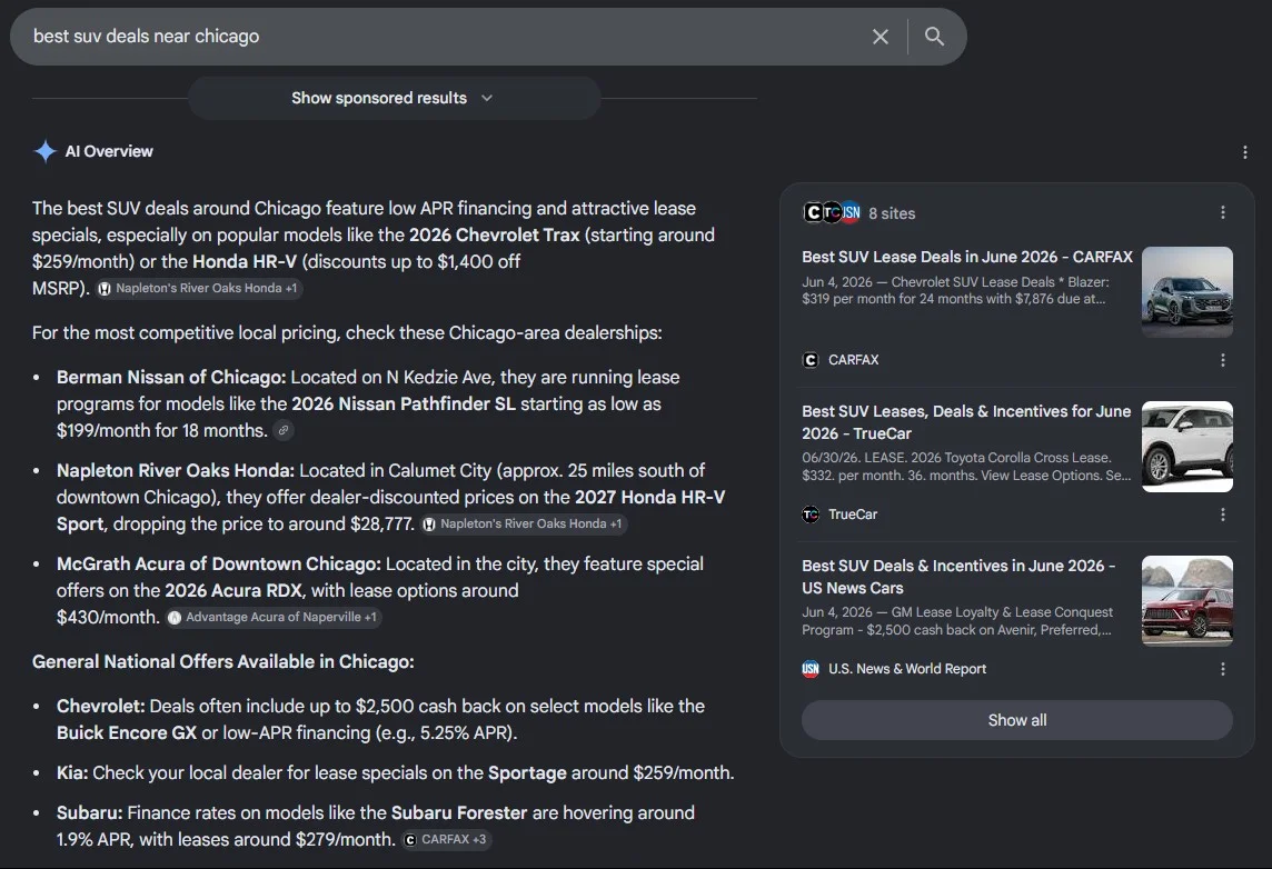 Google AI Overview for "best suv deals near chicago" naming specific dealerships including Berman Nissan of Chicago, Napleton River Oaks Honda, and McGrath Acura with financing details
