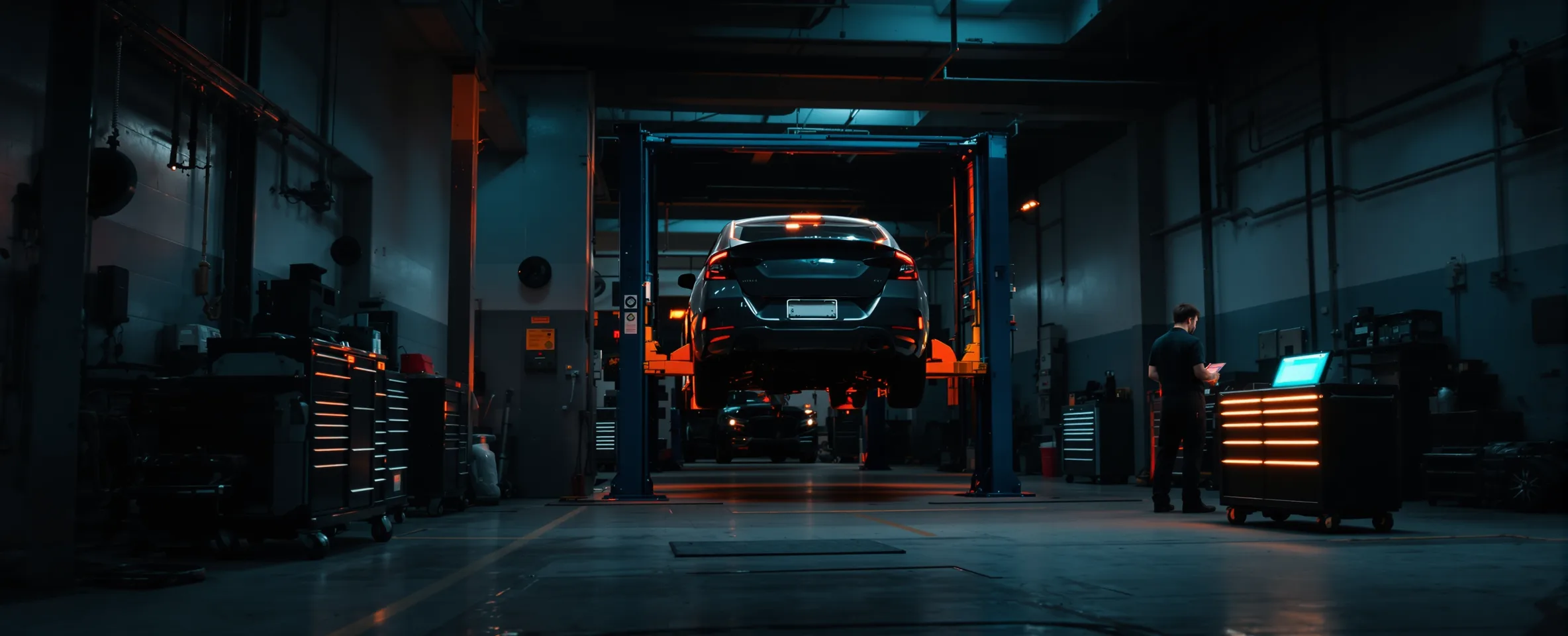 A vehicle raised on a lift in an independent repair bay at dusk, with a technician reading a diagnostic tablet